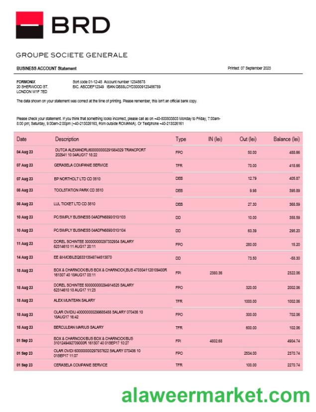 BRD Bank organization account statement Word and PDF template